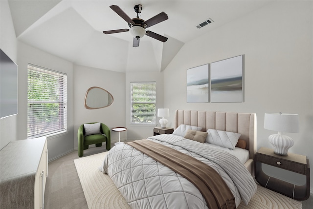 3816 Appleton Ln, Flower Mound, TX 75022 - bedroom featuring light colored carpet, lofted ceiling, and a ceiling fan