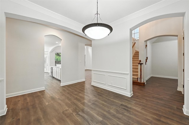 3816 Appleton Ln, Flower Mound, TX 75022 - unfurnished room with arched walkways, dark wood-type flooring, stairway, and ornamental molding