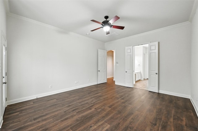 3816 Appleton Ln, Flower Mound, TX 75022 - unfurnished bedroom featuring dark wood-style flooring, crown molding, connected bathroom, and a ceiling fan