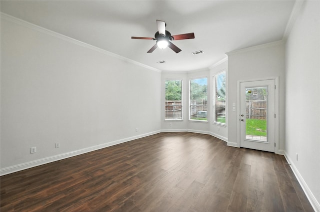 3816 Appleton Ln, Flower Mound, TX 75022 - empty room featuring dark wood-style floors, a ceiling fan, and ornamental molding