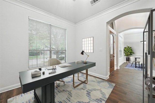 3816 Appleton Ln, Flower Mound, TX 75022 - office area featuring arched walkways, wood finished floors, ornamental molding, and plenty of natural light