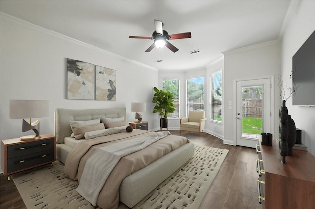 3816 Appleton Ln, Flower Mound, TX 75022 - bedroom with access to exterior, ornamental molding, dark wood-type flooring, and ceiling fan