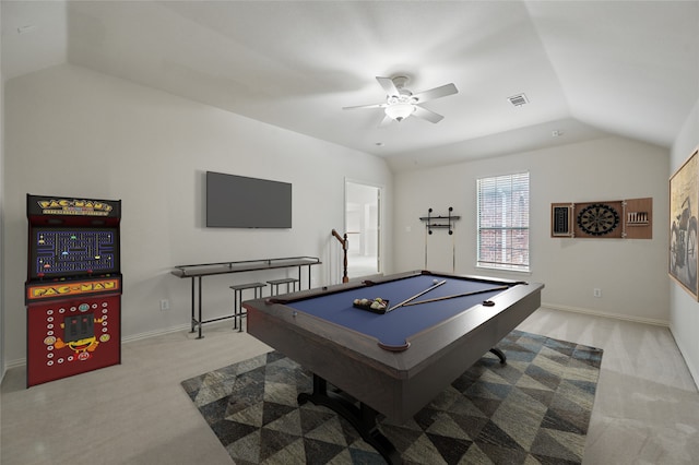3816 Appleton Ln, Flower Mound, TX 75022 - rec room with vaulted ceiling, carpet floors, a ceiling fan, and pool table