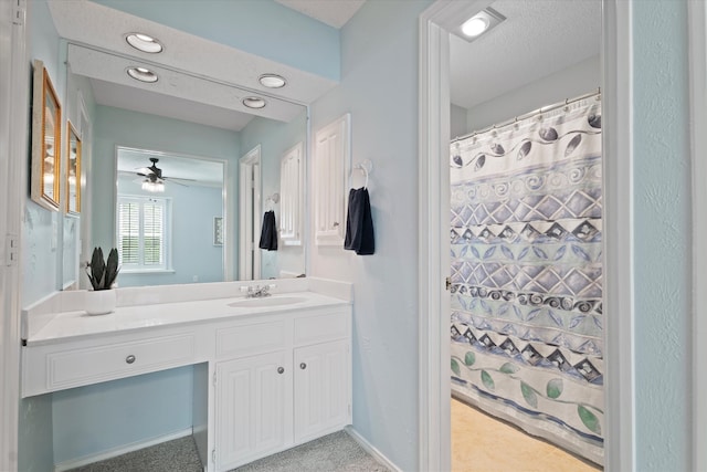 132 Cherrybark Dr, Coppell, TX 75019 - bathroom with vanity, ceiling fan, and a shower with curtain