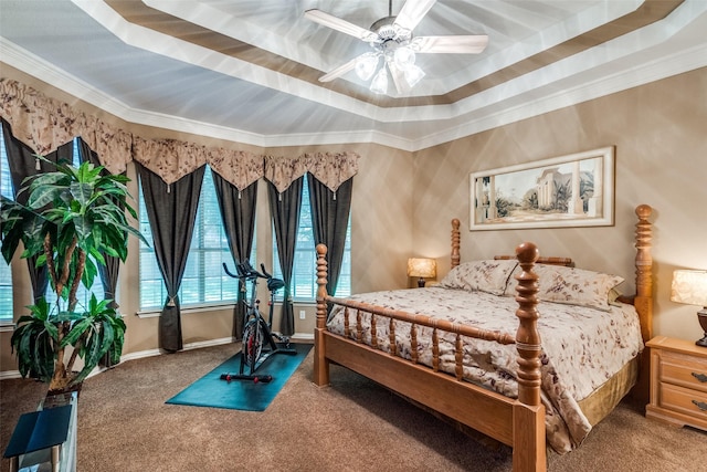 8017 Stonehill Dr, Plano, TX 75025 - bedroom with a tray ceiling, carpet, crown molding, baseboards, and a ceiling fan