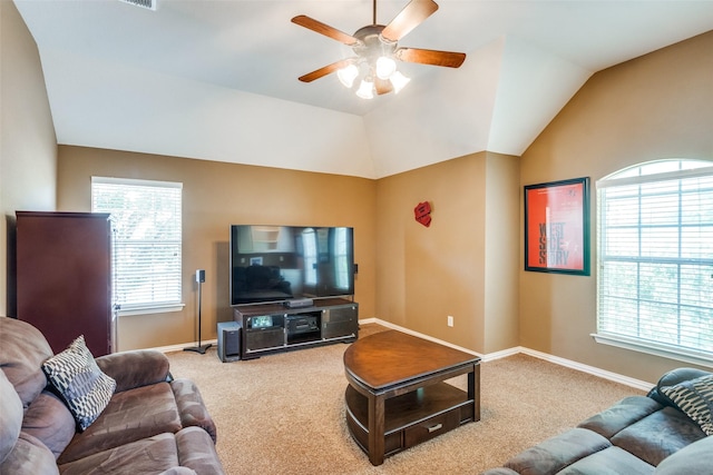 8017 Stonehill Dr, Plano, TX 75025 - carpeted living room with ceiling fan, baseboards, and vaulted ceiling