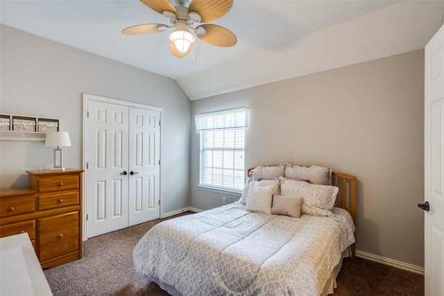 8017 Stonehill Dr, Plano, TX 75025 - carpeted bedroom with a closet, vaulted ceiling, baseboards, and a ceiling fan