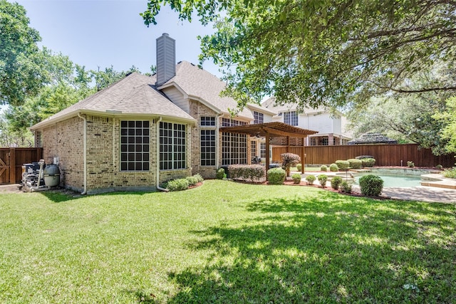 8017 Stonehill Dr, Plano, TX 75025 - rear view of house with a pergola, brick siding, a chimney, and a shingled roof