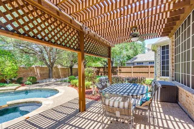 8017 Stonehill Dr, Plano, TX 75025 - fenced backyard with a ceiling fan, outdoor dining area, a pergola, an in-ground hot tub, and a patio