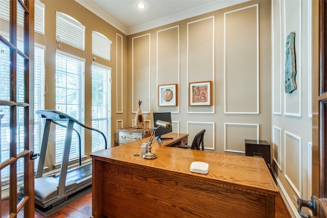 8017 Stonehill Dr, Plano, TX 75025 - office area featuring crown molding, a decorative wall, dark wood finished floors, and recessed lighting