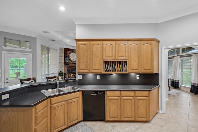 12319 N Emerald Ranch Ln, Forney, TX 75126 - kitchen featuring black dishwasher, a sink, dark countertops, light tile patterned floors, and crown molding