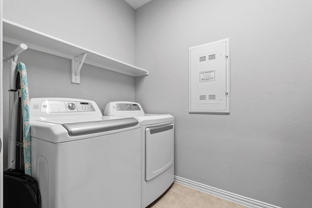 952 Sweeping Butte Dr, Fort Worth, TX 76052 - washroom with washing machine and dryer, baseboards, electric panel, and light tile patterned floors