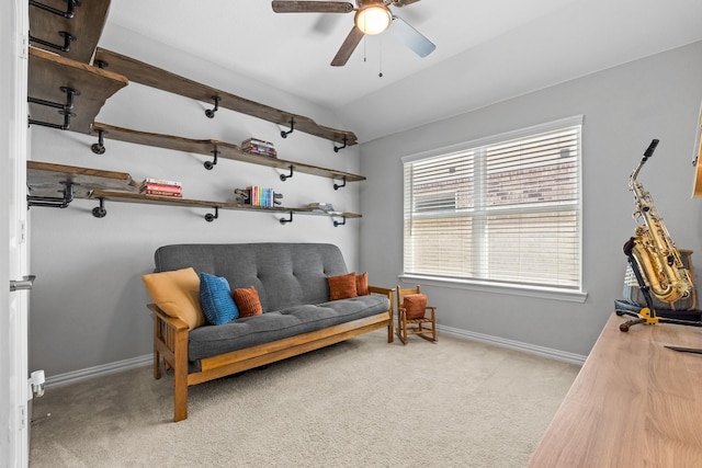 952 Sweeping Butte Dr, Fort Worth, TX 76052 - living area with carpet flooring, a ceiling fan, baseboards, and vaulted ceiling