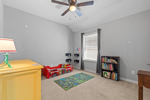 952 Sweeping Butte Dr, Fort Worth, TX 76052 - game room with light colored carpet, vaulted ceiling, baseboards, and ceiling fan