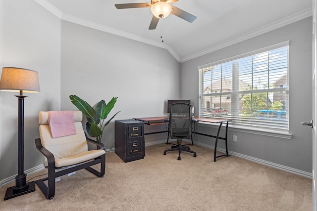 952 Sweeping Butte Dr, Fort Worth, TX 76052 - office area with crown molding, light carpet, a ceiling fan, plenty of natural light, and baseboards