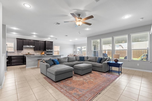 952 Sweeping Butte Dr, Fort Worth, TX 76052 - living area featuring light tile patterned flooring, ceiling fan, recessed lighting, and baseboards