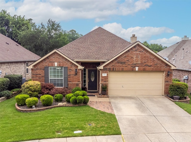 936 Medinah Dr, Fairview, TX 75069 - view of front of house with brick siding, a chimney, a garage, driveway, and a front yard