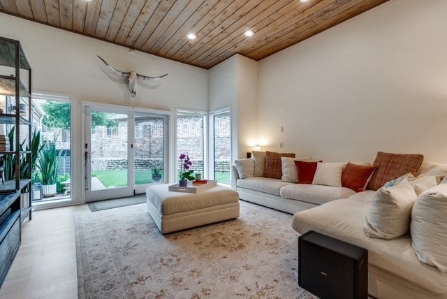 9616 Viewside Dr, Dallas, TX 75231 - living area featuring wood ceiling, recessed lighting, and wood finished floors