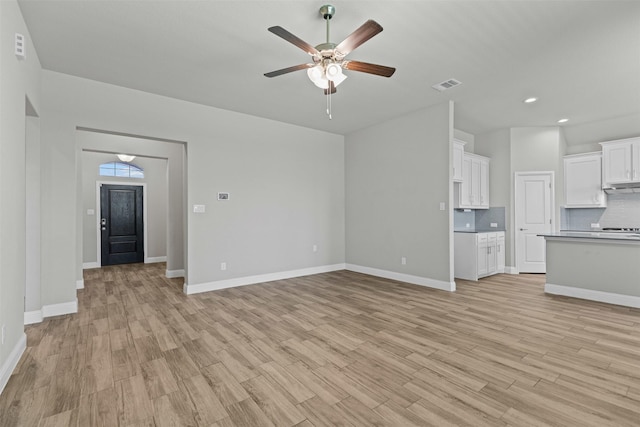 3640 Twin Pines Dr, Grand Prairie, TX 76065 - unfurnished living room featuring ceiling fan, light wood-type flooring, recessed lighting, and baseboards