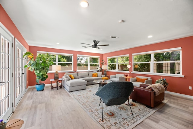 9918 Ila Dr, Dallas, TX 75220 - living room featuring baseboards, wood finished floors, ceiling fan, and recessed lighting