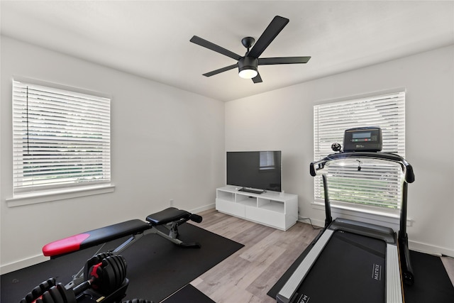 9918 Ila Dr, Dallas, TX 75220 - workout room with ceiling fan, light wood finished floors, and baseboards