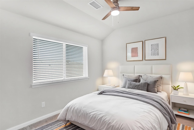 1135 Saddle Ridge Dr, Aubrey, TX 76227 - carpeted bedroom featuring baseboards, lofted ceiling, and a ceiling fan