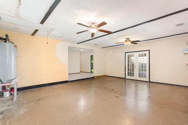 1824 Angelina Dr, Garland, TX 75040 - empty room with french doors, a textured ceiling, water heater, baseboards, and ceiling fan