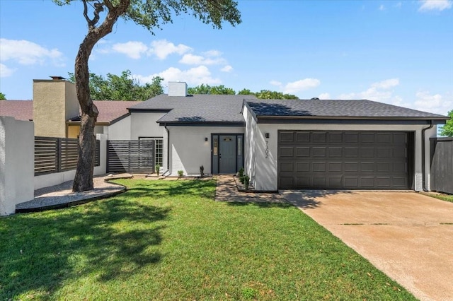 7302 Durado Dr, Fort Worth, TX 76179 - view of front of home with a garage, driveway, stucco siding, a chimney, and a shingled roof