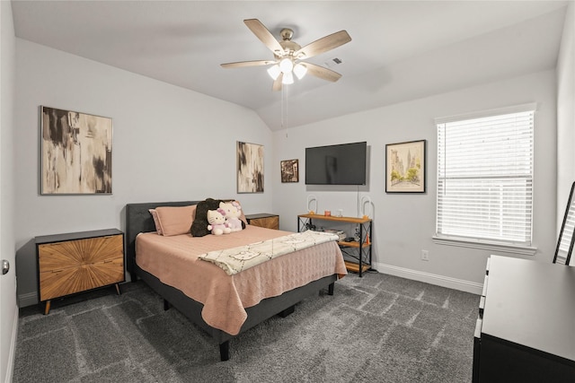 3409 Melrose Ct, Wylie, TX 75098 - carpeted bedroom with baseboards, lofted ceiling, and ceiling fan