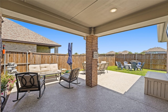 3409 Melrose Ct, Wylie, TX 75098 - fenced backyard featuring outdoor dining space, an outdoor living space, and a patio area