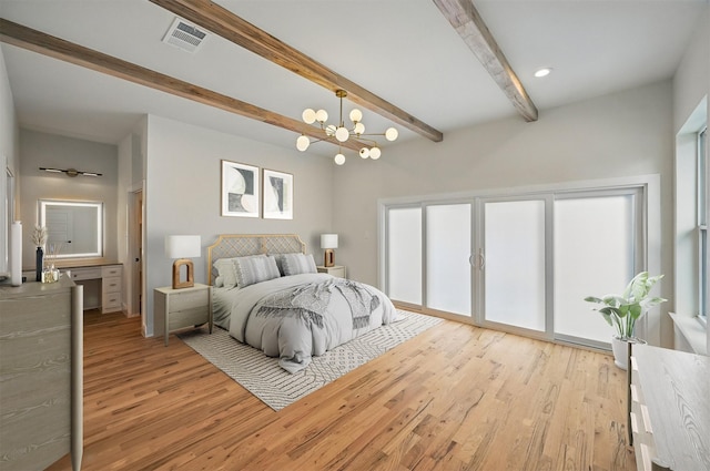 1224 S Pine St, Grapevine, TX 76051 - bedroom with light wood-type flooring, beam ceiling, access to outside, and a chandelier