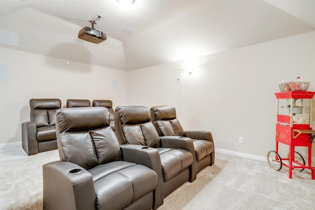 9836 Amaranth Dr, Fort Worth, TX 76177 - cinema room featuring vaulted ceiling, light carpet, and baseboards