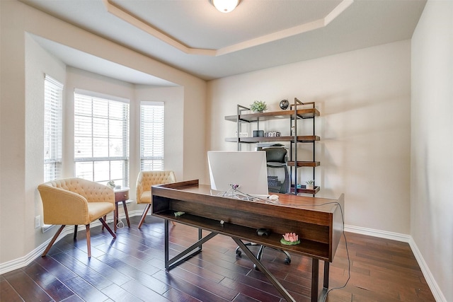 9836 Amaranth Dr, Fort Worth, TX 76177 - home office featuring baseboards, dark wood finished floors, and a tray ceiling