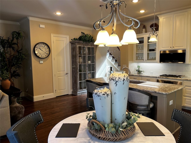 809 Cameron Ct, Coppell, TX 75019 - dining room with crown molding, baseboards, dark wood-style floors, stairs, and recessed lighting