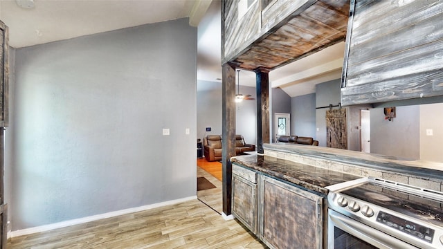 7409 Pebble Beach Dr, Rowlett, TX 75088 - kitchen with stainless steel electric range oven, a barn door, light wood finished floors, baseboards, and lofted ceiling