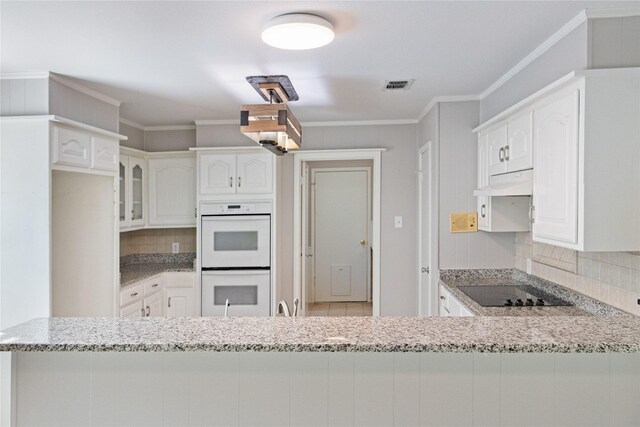 7636 Skylake Dr, Fort Worth, TX 76179 - kitchen with white double oven, black electric stovetop, light stone counters, tasteful backsplash, and under cabinet range hood