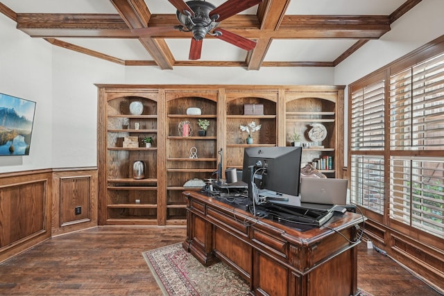 5594 Beacon Hill Dr, Frisco, TX 75036 - home office featuring coffered ceiling, a ceiling fan, beamed ceiling, wainscoting, and dark wood-style flooring