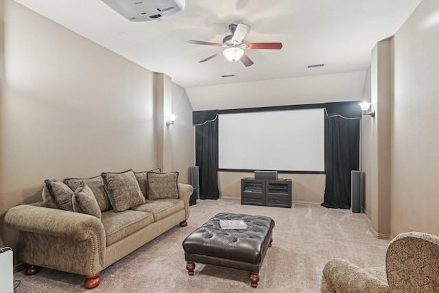 5594 Beacon Hill Dr, Frisco, TX 75036 - carpeted home theater featuring a ceiling fan and vaulted ceiling