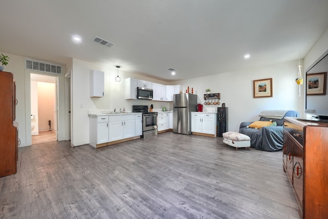 9613 County Road 4091, Scurry, TX 75158 - kitchen with stainless steel appliances, wood finished floors, light countertops, white cabinetry, and a sink