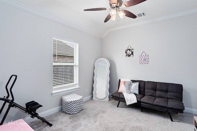 606 Labarre Ln, Bossier City, LA 71111 - sitting room with ornamental molding, carpet floors, baseboards, a ceiling fan, and lofted ceiling