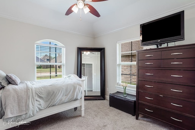 606 Labarre Ln, Bossier City, LA 71111 - bedroom with light carpet, ornamental molding, ceiling fan, and baseboards