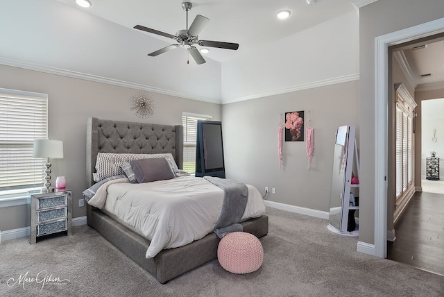 606 Labarre Ln, Bossier City, LA 71111 - carpeted bedroom with crown molding, baseboards, lofted ceiling, recessed lighting, and a ceiling fan