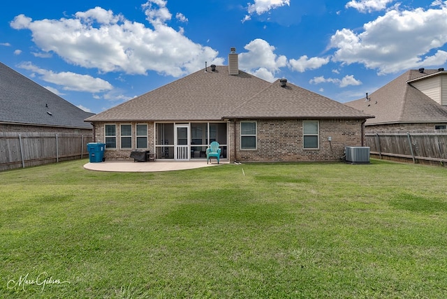606 Labarre Ln, Bossier City, LA 71111 - rear view of property with brick siding, central AC, a patio, a chimney, and roof with shingles