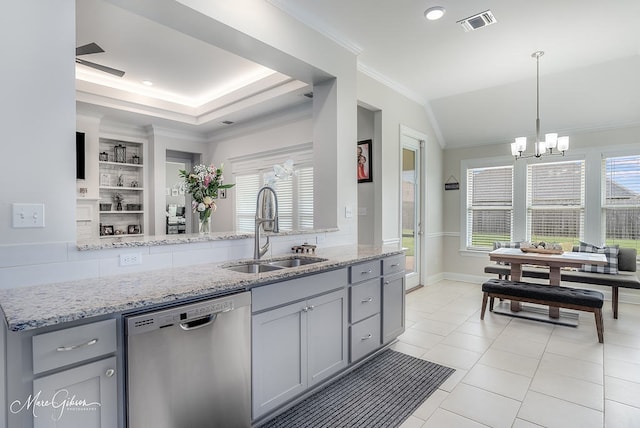606 Labarre Ln, Bossier City, LA 71111 - kitchen with dishwasher, a sink, gray cabinets, crown molding, and a chandelier