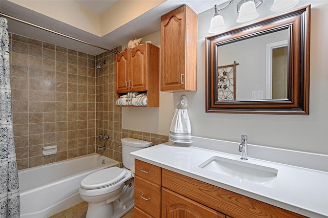 2112 Columbia Dr, Richardson, TX 75081 - full bathroom with toilet, vanity, shower / bathtub combination with curtain, and tile patterned flooring