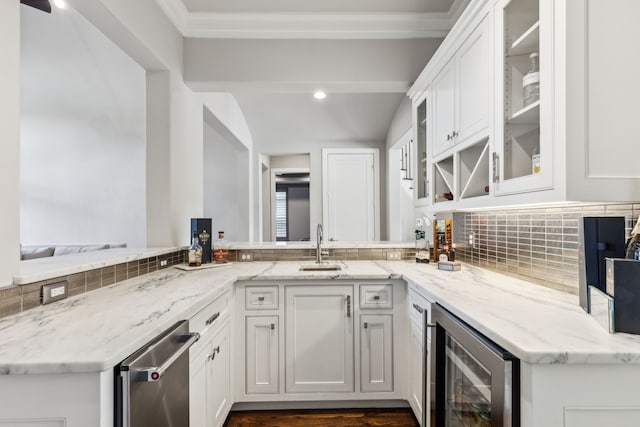 2509 Oak Bend Ct, Southlake, TX 76092 - kitchen featuring backsplash, beverage cooler, white cabinetry, glass insert cabinets, and recessed lighting