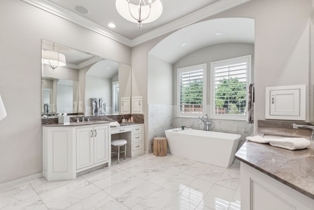 2509 Oak Bend Ct, Southlake, TX 76092 - bathroom featuring a freestanding tub, vanity, ornamental molding, marble finish flooring, and tile walls