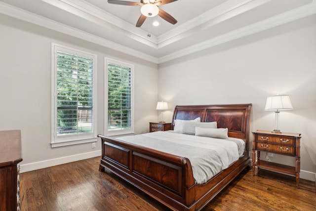 2509 Oak Bend Ct, Southlake, TX 76092 - bedroom featuring wood finished floors, baseboards, a tray ceiling, crown molding, and ceiling fan