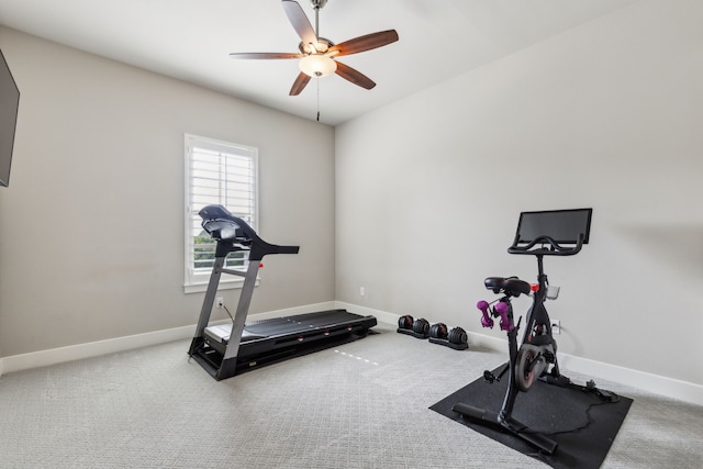 2509 Oak Bend Ct, Southlake, TX 76092 - workout room with a ceiling fan, carpet floors, and baseboards