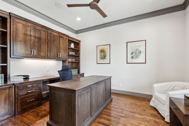 2509 Oak Bend Ct, Southlake, TX 76092 - office with ceiling fan, built in study area, dark wood-type flooring, crown molding, and recessed lighting